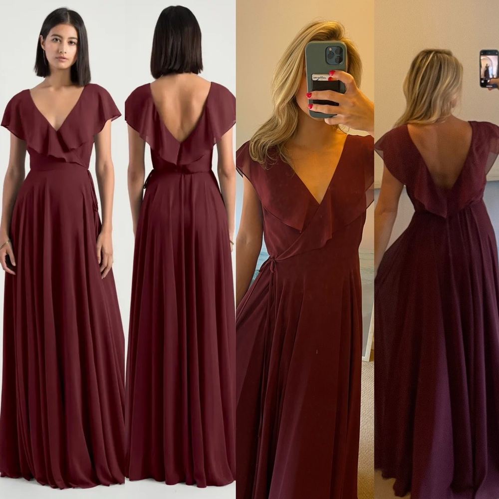 Jenny Yoo Burgundy wedding guest formal dress, wrap dress